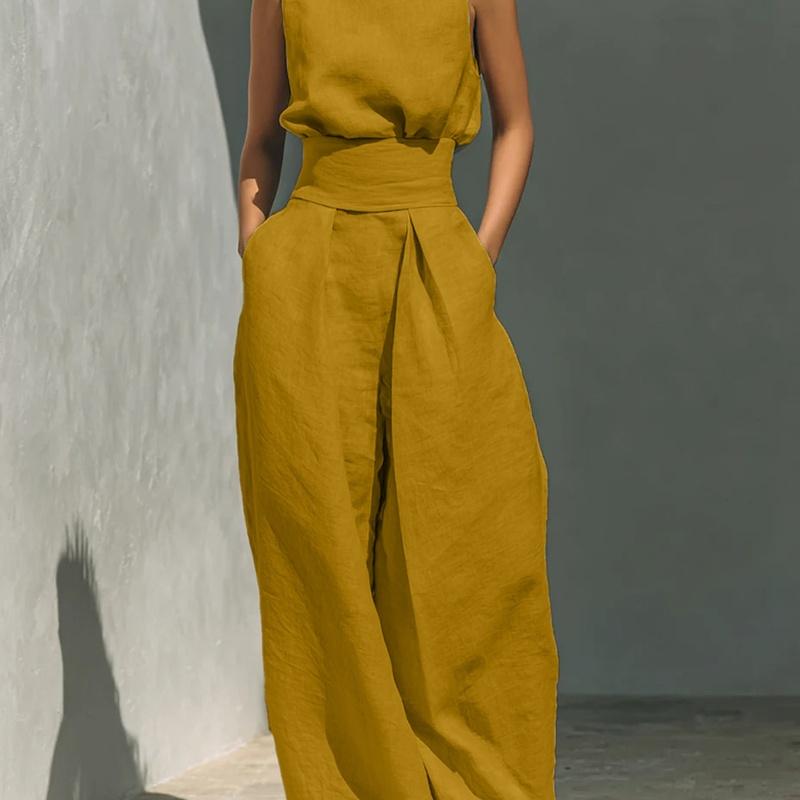 Spring and Summer European Style Women Clothing Cotton Sleeveless Casual Set