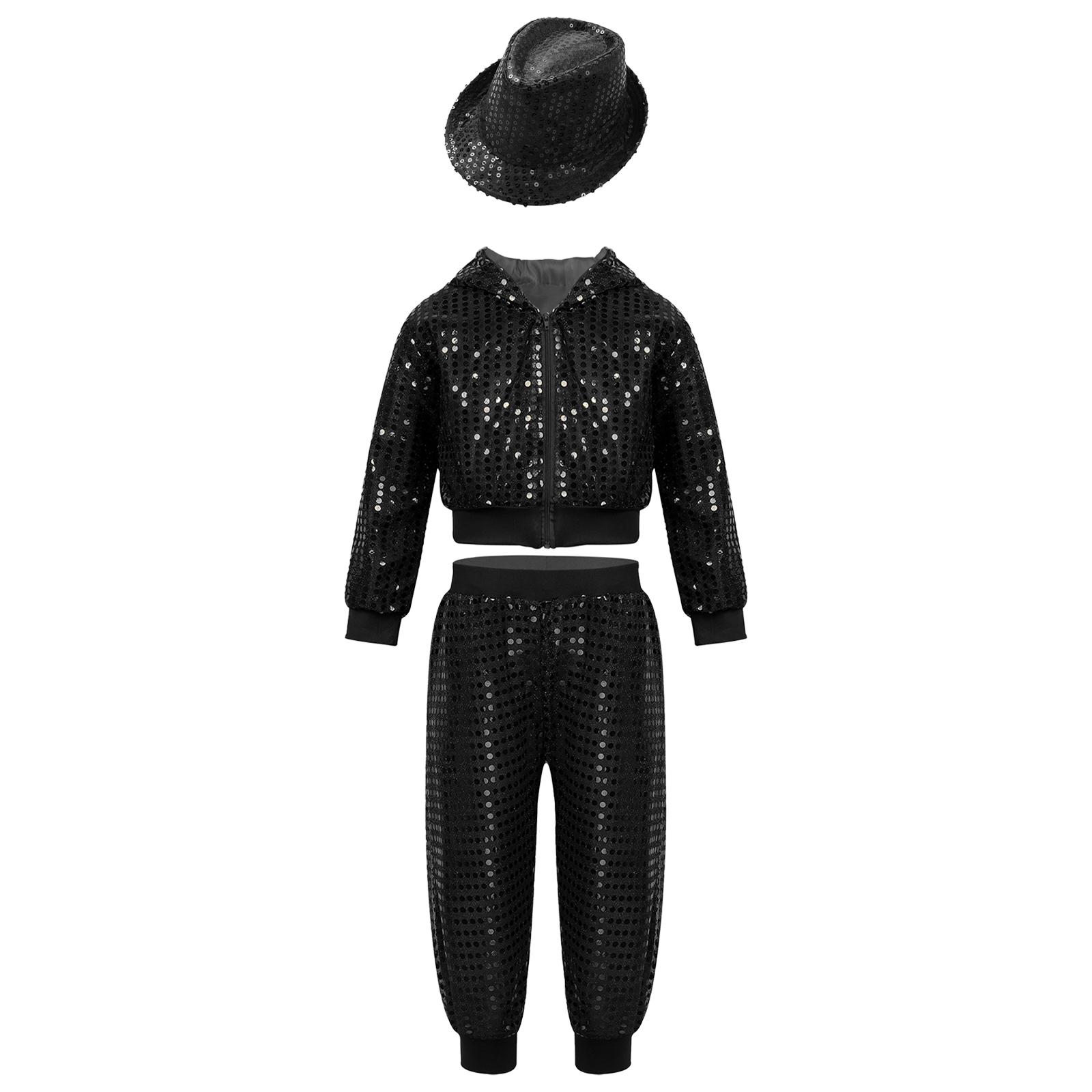 

Unisex Kids Sequin Hooded Top with Pants Fedora Hat Jazz Dance Outfit Sparkly Glitter Costume 11-12 Years чорний