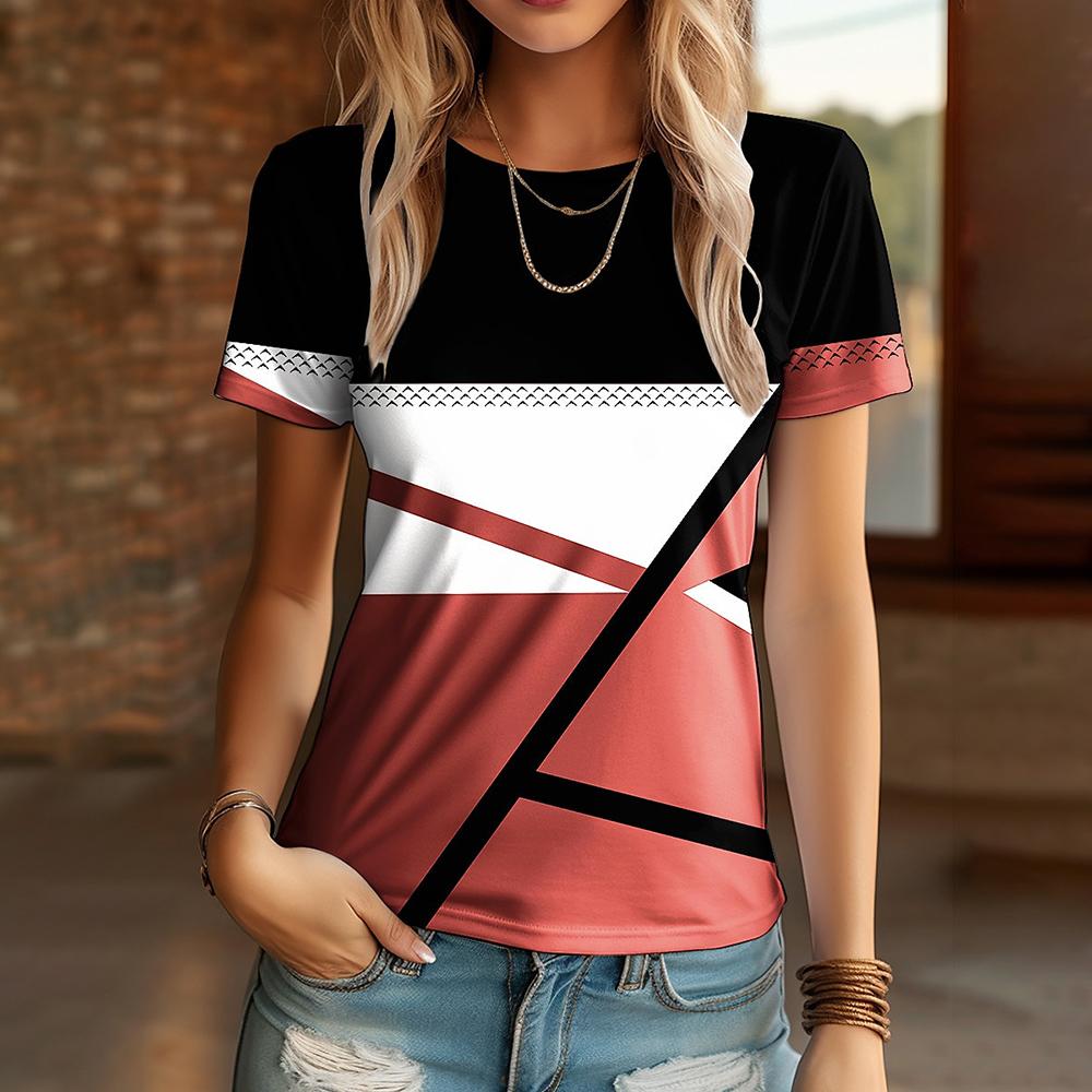 Summer Round Neck Geometric Pattern 3D Striped Printed Top Fashionable Casual Short Sleeved Women's T-shirts