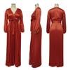 Autumn Winter New Women's V-Neck Lantern Sleeve Tie-Waist Pleated Dress Long Satin Gown Pleated Dress Long Skirt