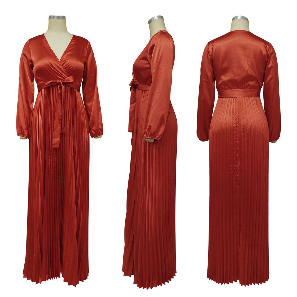 Autumn Winter New Women's V-Neck Lantern Sleeve Tie-Waist Pleated Dress Long Satin Gown Pleated Dress Long Skirt