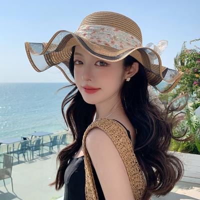 Hut Weibliche Süße Perle Spitze Band Stroh Hut Sommer Meer Große Krempe Sonnenhut Urlaub Sonnenhut