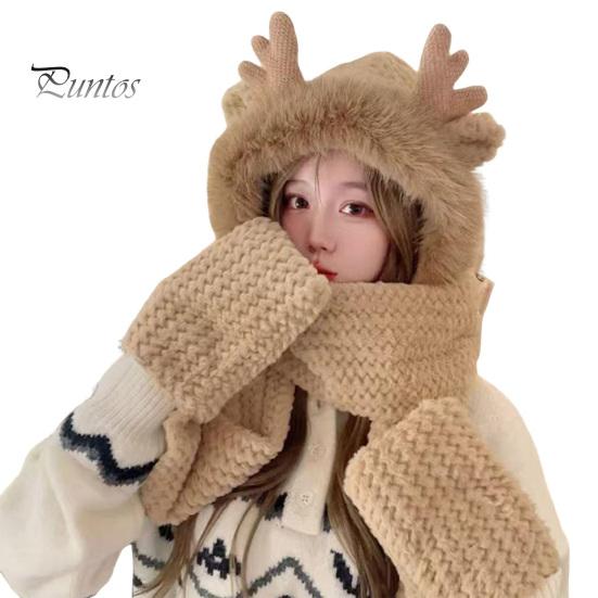 

Женская зимняя шапка-шарф с перчатками, толстый плюшевый декор в виде рогов оленя, пушистый искусственный мех, полная защита, ветрозащитный головной убор для активного отдыха на природе, фотореквизит хаки