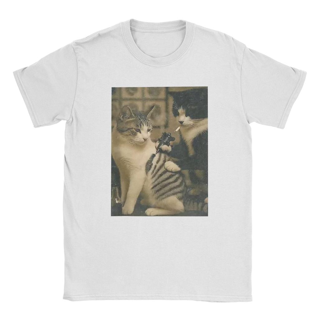 Funny cat Tattoo T Shirt Summer Harajuku TShirts Men Cotton O Neck Plus Size Clothing Short Sleeve Vintage Tops