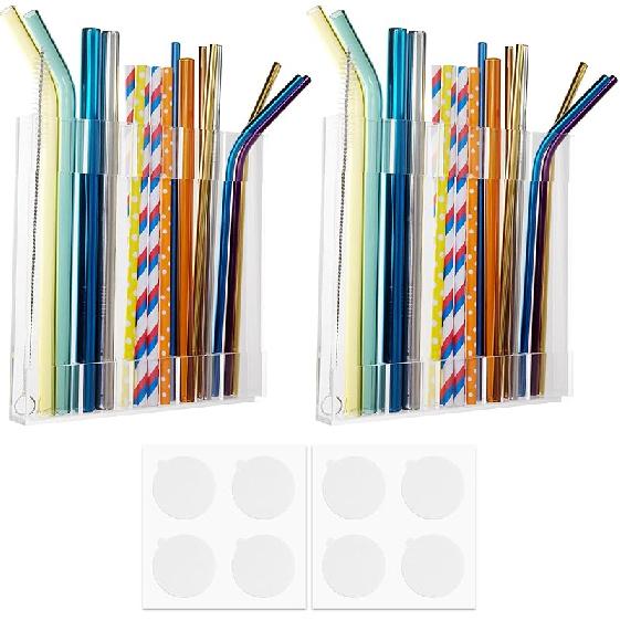 2 Pack Large Acrylic Straw Holder,Straw Rack with Double Sided Tape Organizer,Reusable Straws for Counter Cabinet Cupboard Kitchen (Clear)