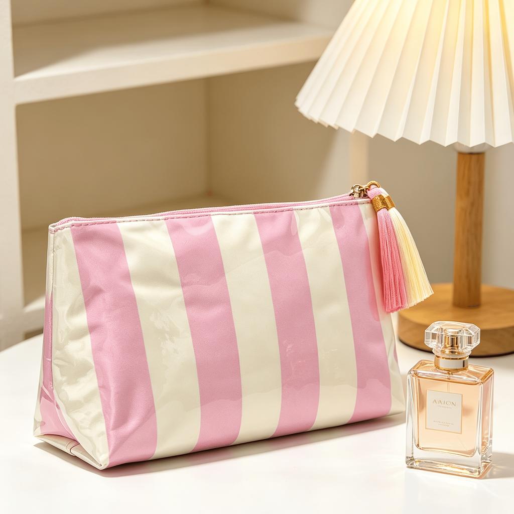 Pink White Striped Waterproof Makeup Bag With Two-Tone Tassel Zipper Pull