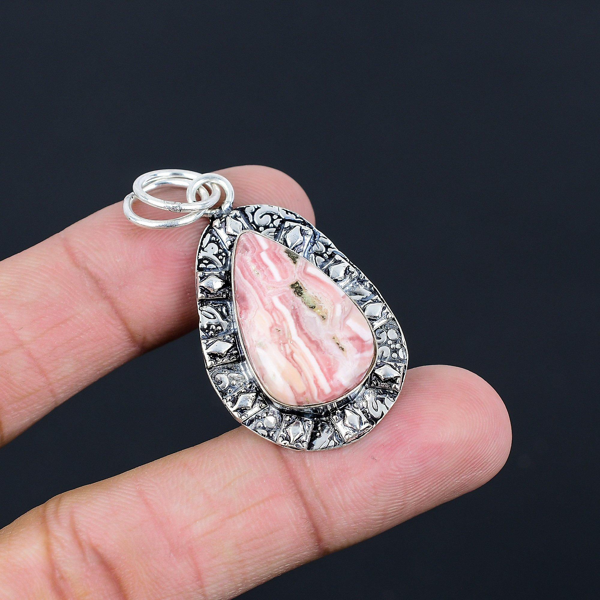 Pear Rhodochrosite Stone 925 Sterling Silver Bezel Anniversary Mother Pendant