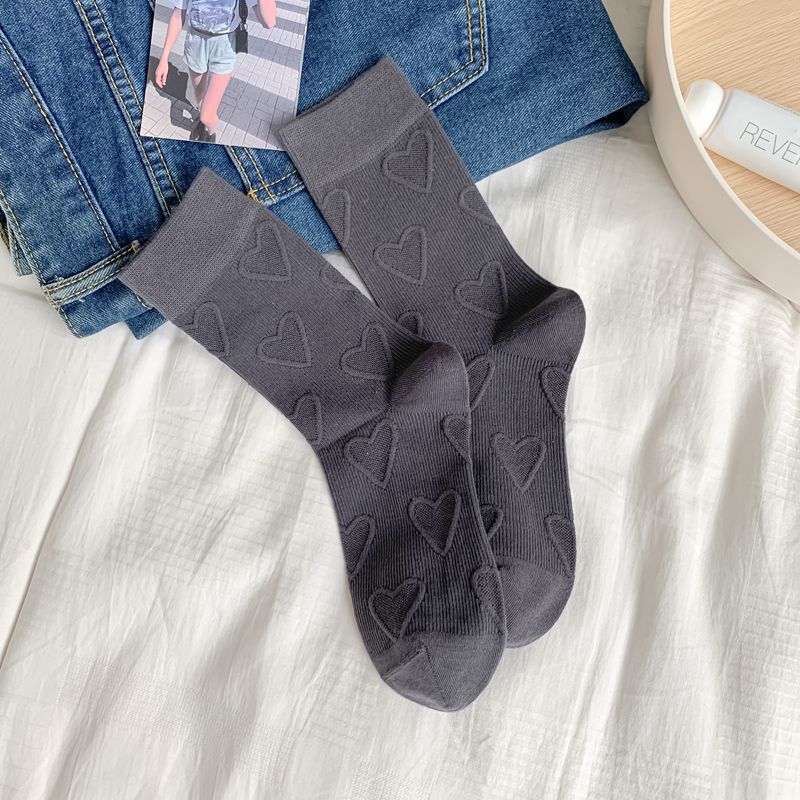 Heart Embossment Middle-tube Socks Women JK Lolita Kawaii Cute Socks Casual Fashion Solid Color Cotton Breathable Long Socks Sox