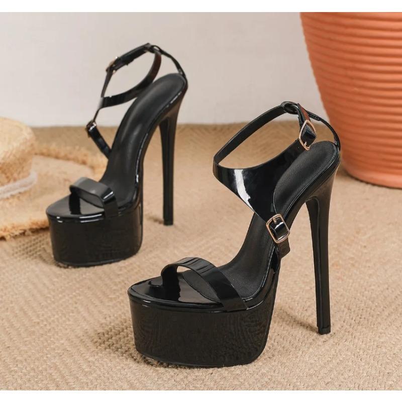 Pesstwei Fashion Round Toe Open Toe Buckle 16cm Gladiator Sandals Super High Heel Hollow-out Night Club Steel Pipe Dance Shoes