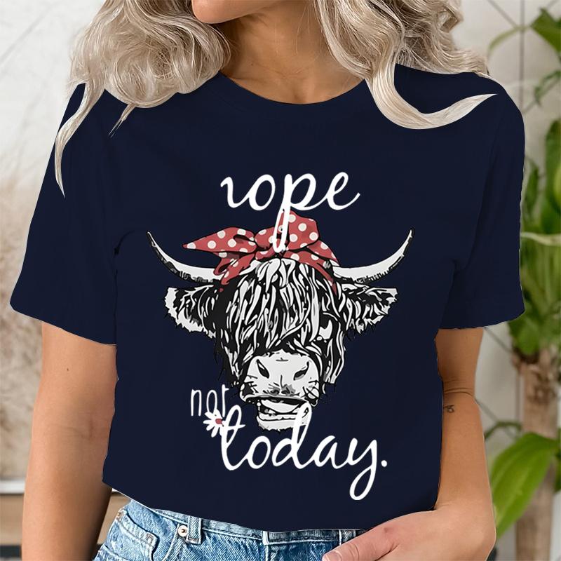 Women Funny T Shirts Cute Hairy Scottish Highland Cow TShirt Round Neck Casual Tops Women Cow Head  Letter Print Short Tshirt