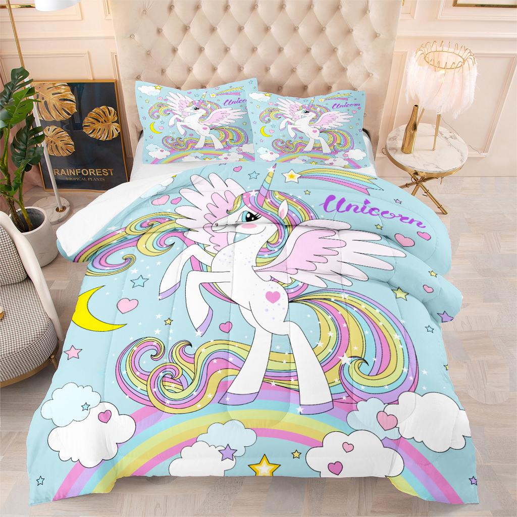 Cute Unicorn Feather Silk Cotton Filled Quilt Kids Cartoon Autumn and Winterheattechbedding Printing Quilt Cover Three-piece Set