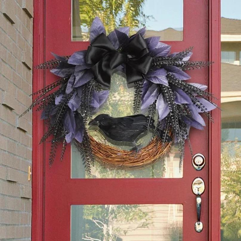 1 Pcs Halloween Bow Crow Garland Door Hanging Artificial Rattan Wreath Horror Party Decoration Pendant Gift