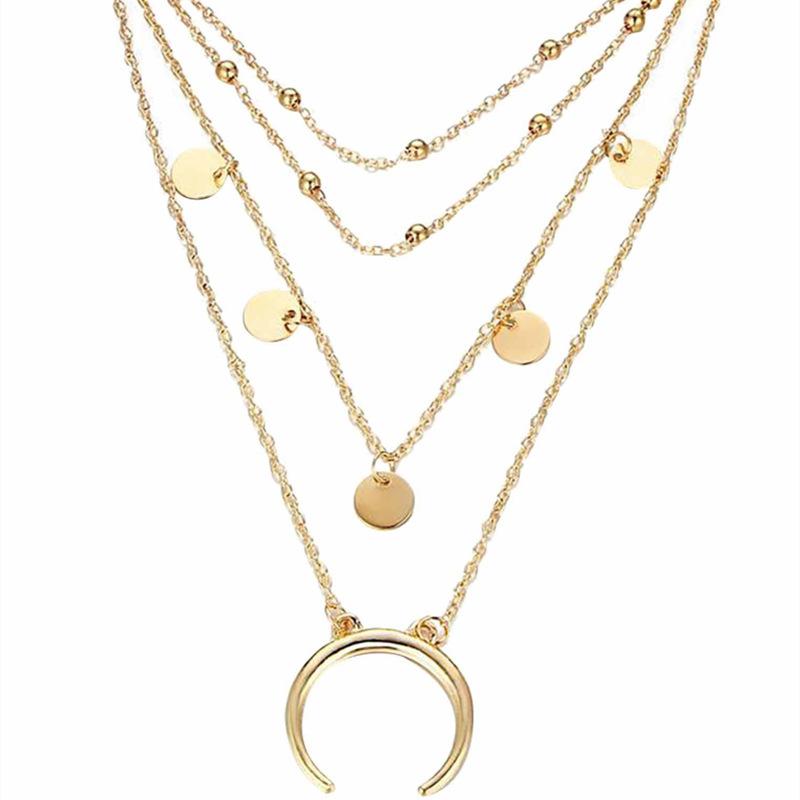 Fashion Women's Neck Chain Trendy Street Shot, Multi-layer Round Bead Chain Sequined Moon Pendant Necklace