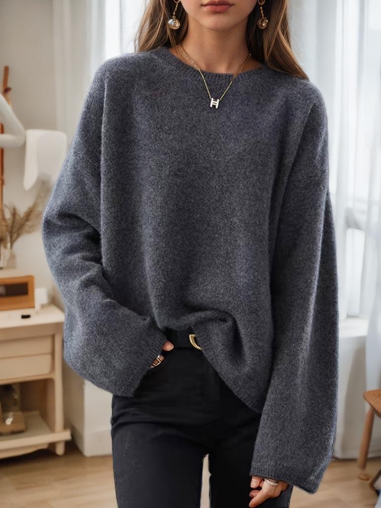 2026 Autumn/Winter Women's Loose Fit Drop Shoulder Knit Pullover Sweater - Solid Color