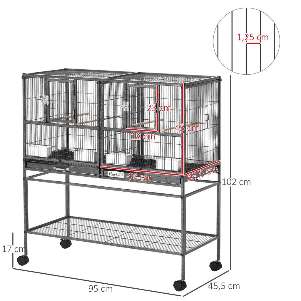 PawHut Bird Cage Aviary Indoor Birds with Divider Feeder and Perch 95L X 45.5W X 102H Cm Black and Gray