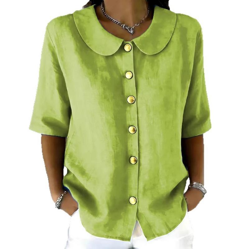 Elegant Commuting Loose Solid Button Half Sleeve Shirt For Women