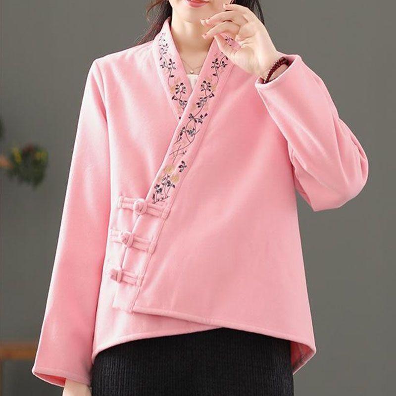 

Women s Beige Chinese Style Embroidered Frog Button Blouse Loose Fit Casual Hanfu-Inspired Top L рожевий