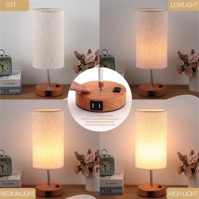 USB Table Lamp Wooden Bedside Lamp Nightstand Lamp Desk Lamp With Cylinder Lamp Shade Warm Table Lamp Home Decor