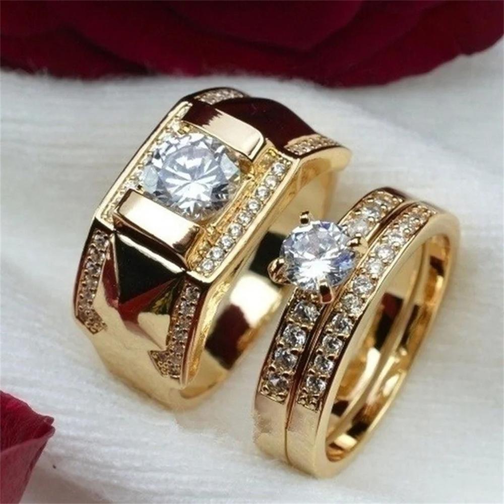 Fashion Couple Rings Romantic Women Rhinestones CZ Rings Set Trendy Men Stainless Steel Zircon Stone Rings Wedding Band Jewelry