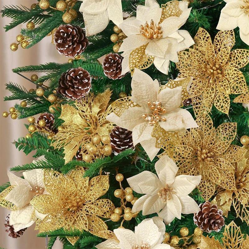 Handmade Christmas Tree Ornaments: Gold Powder Wreath & Flower Set