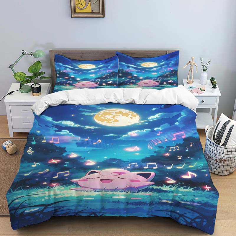New Pokémon Jigglypuff print three-piece bedding set, including 1 duvet cover and 2 pillowcases, suitable for adults and childre