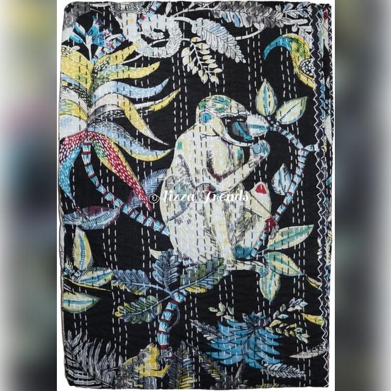 Aizza Trends Handmade Pure Cotton Monkey Print Kantha Quilt  - Traditional Look Bed Spread Kantha Gudri - Vintage Hand Stitch Gudri