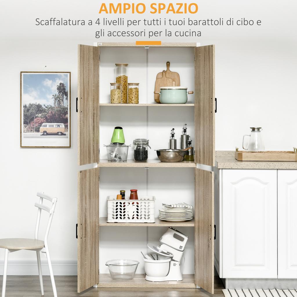Kitchen Pantry in MDF Wood with 4 Adjustable Shelves and 4 Doors, 80x40x182 cm