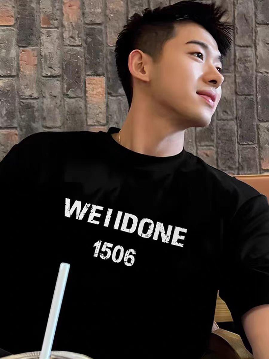 WELLMIKI Trendy Korean-Style Distressed Letter Cotton Men s Short Sleeve T-Shirt Large чёрный