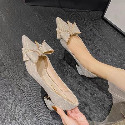 Pointed Toe Rhinestone Ladies Pumps Bow With Medium Heels Women's Shoes Y2k On Promotion Chic and Elegant 2025 Trend Offer Shoe
