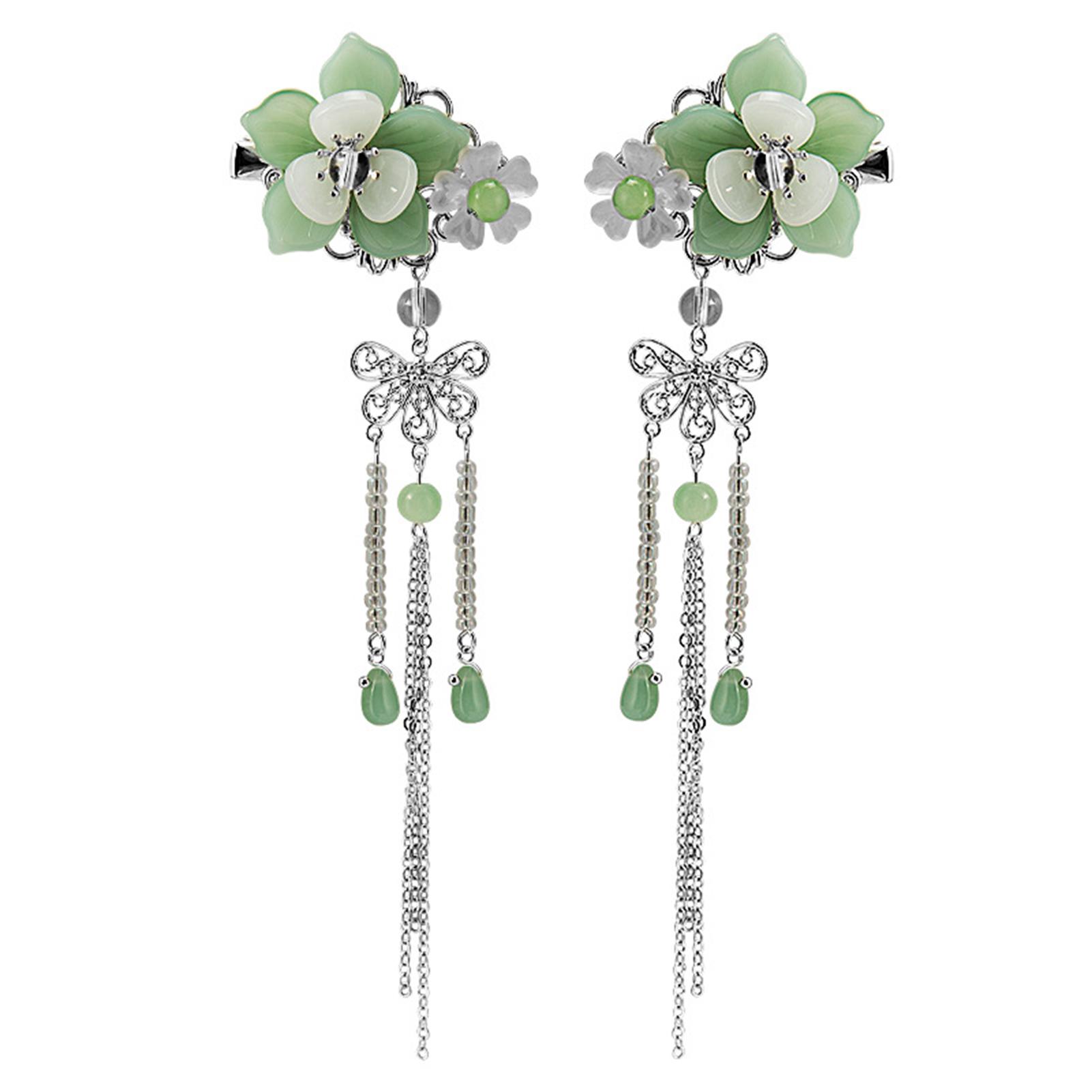 1 Pair Flower Tassel Hair Clips Elegant Exquisite Floral Hairpin For Women Girls Daily Hair Decor Accessory Hanfu Hair Clips зелёный