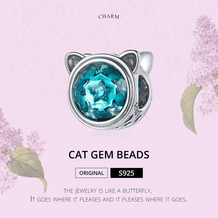 BAMOER Cute Cat Gem Bead 925 Sterling Silver Prívesok so vzorom kryštálovej hviezdy pre originálny náramok na náramok pre domácich majstrov