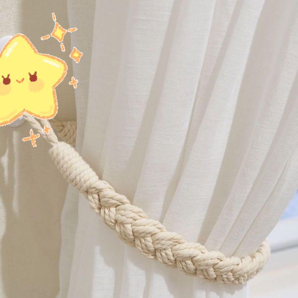 Boho Macrame Cotton Curtain Tieback, No Drill Linen Curtain Strap, INS Beige Curtain Holder for Bedroom/Living Room