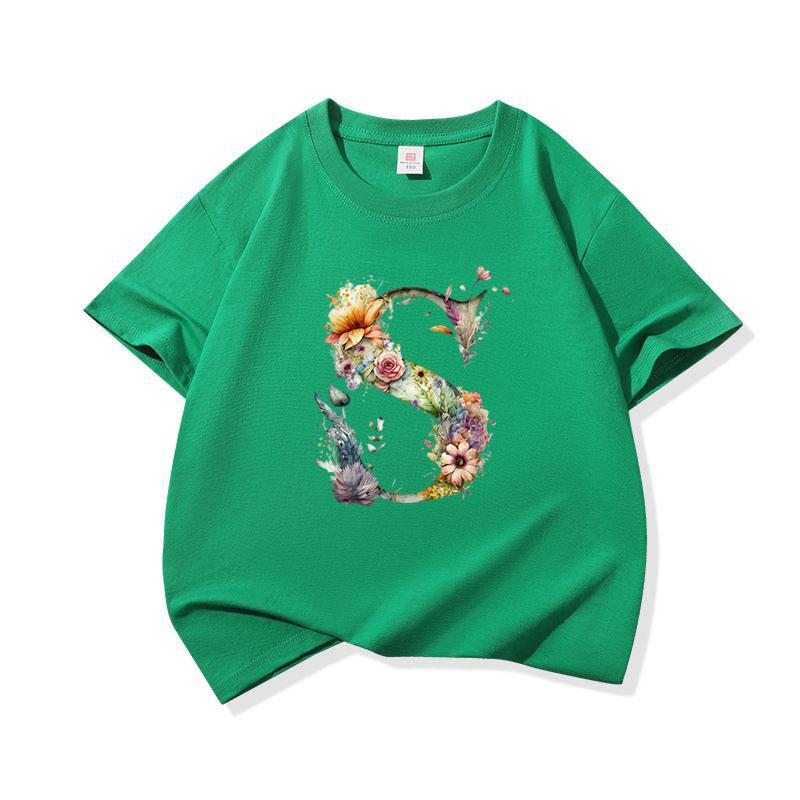 Kids Cotton T Shirt Floral Letter S Print Crew Neck Short Sleeve Tee Casual Boys Girls Summer Tops