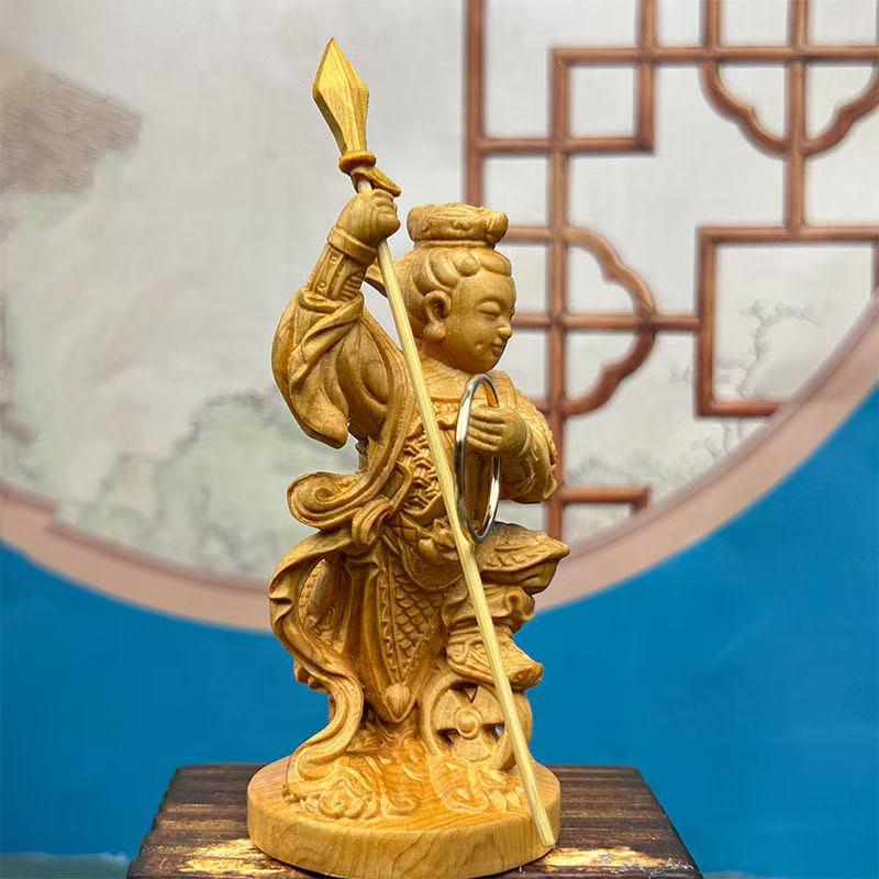 Natural Cypress Nezha Mythical figure statue- Solid Wood Carving Home Room Office Car Decoration Accessories 11cm / 4.32 in