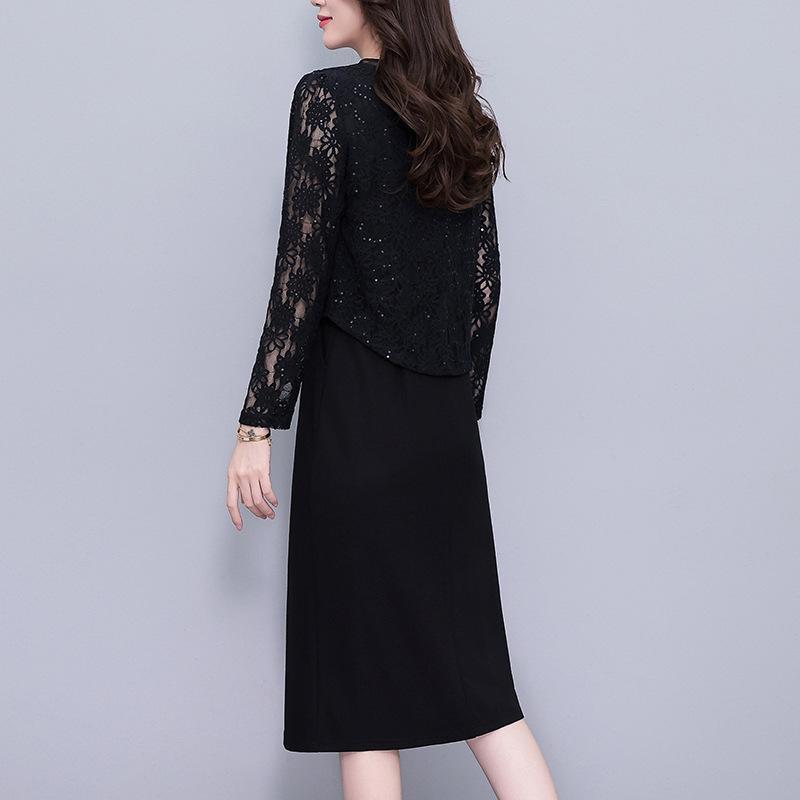 Plus Size Black Sequin Lace Two-Piece Long Sleeve Dress for Women – Slimming Spring/Autumn Style
