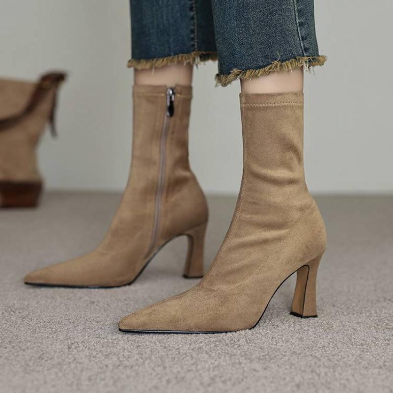 Autumn and winter stretch Martin boots solid color suede super high heel women's leather boots new round head versatile stiletto mid boots