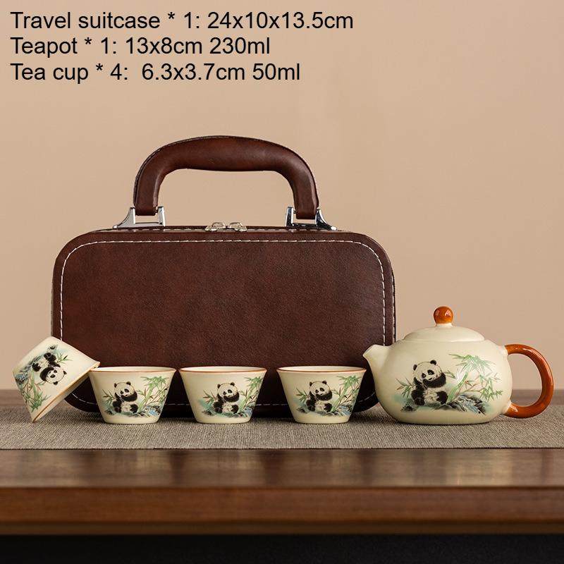 

Panda Chinese Tea Set Ru Kiln Household Kung Fu Tea Set Travel Portable Large Capacity Teapot 1 Pot, 4 Cups Set Underglaze Color