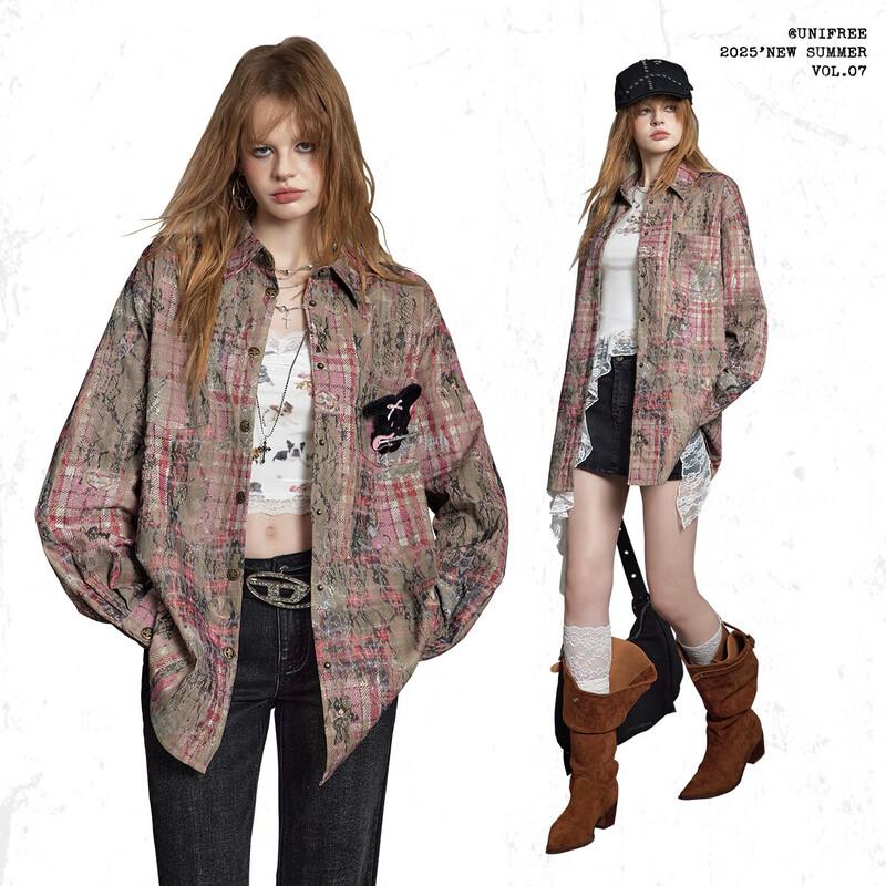 UNIFREE Rock Girl Vintage Washed Loose Shirt with Lace & Rabbit Design S