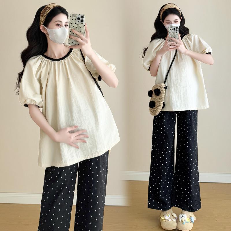 2026 Fashion Textured Patchwork Shirt & Floral Wide-Leg Pants Maternity Set
