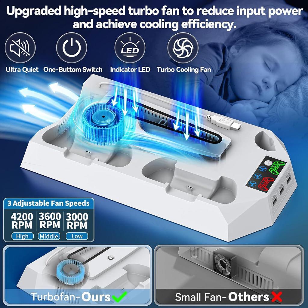 PS5 Pro/Slim Cooling Fan Base & Dual Controller Charging Station