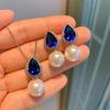New S925 Silver Needle Jewelry Blue Treasure Pear Shaped Necklace Earrings Two Piece Set Internet Celebrity Instagram Fashion