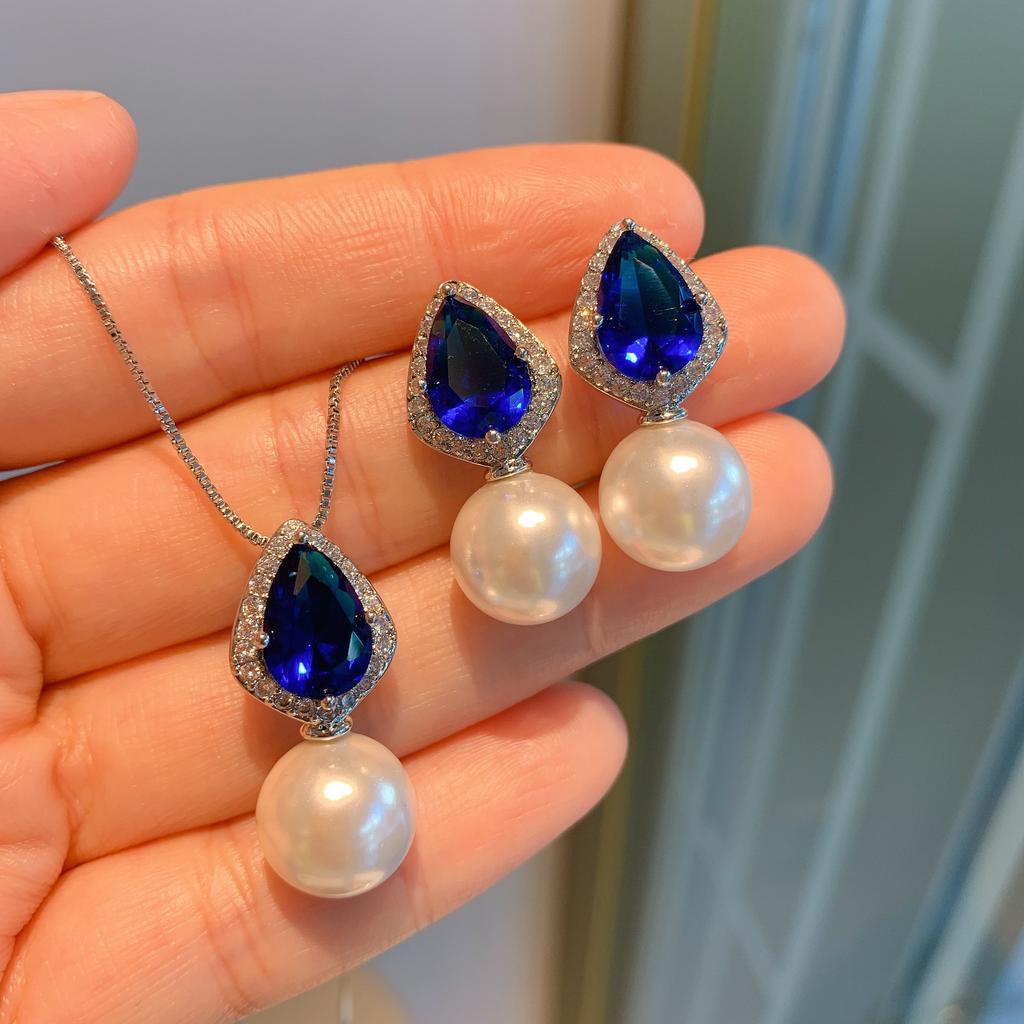 New S925 Silver Needle Jewelry Blue Treasure Pear Shaped Necklace Earrings Two Piece Set Internet Celebrity Instagram Fashion