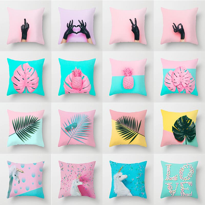 

Nordic Ins Style Pink Tropical Leaf Pillowcase Home Fabric Sofa Pillow Cushion Cover 45*45cm