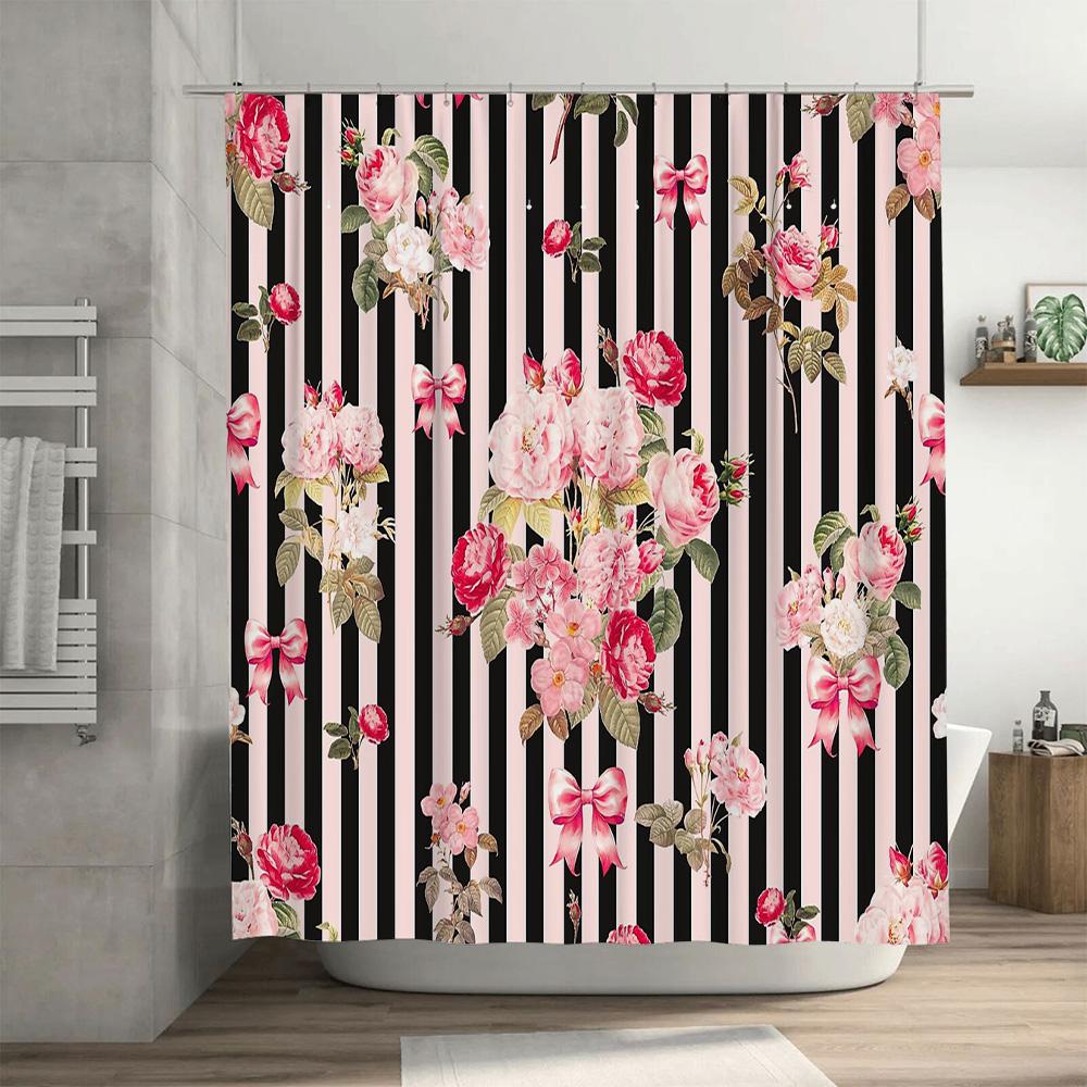 Floral Shower Curtain Botanical Flowers Pattern Waterproof Bathroom Decor Vintage Style Washable Fabric Curtain Nature Art