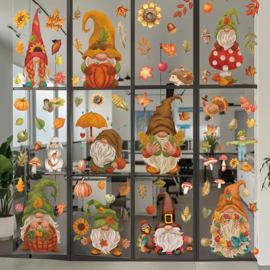 Autumn Theme Window Murals 9Pcs Fall Gnome Static Clings, Thanksgiving Maple Leaf Turkey Pumpkin Removable PVC Glass Clings Stickers, Reusable