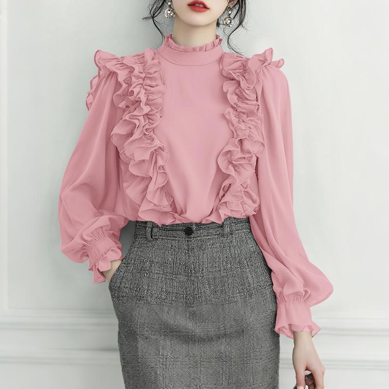 ZANZEA Blouse Décontractée Femme Col Montant Manches Longues Volants Épissure Ample