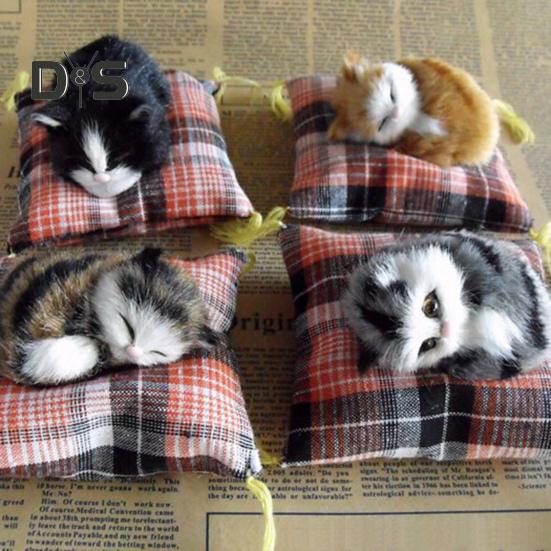 Simulation Cat Doll Plush Toy Mini Realistic Sleeping Kittens on Mat Figurine Stuffed Animal Toy with Cushion for Home Office Room Desktop Decor
