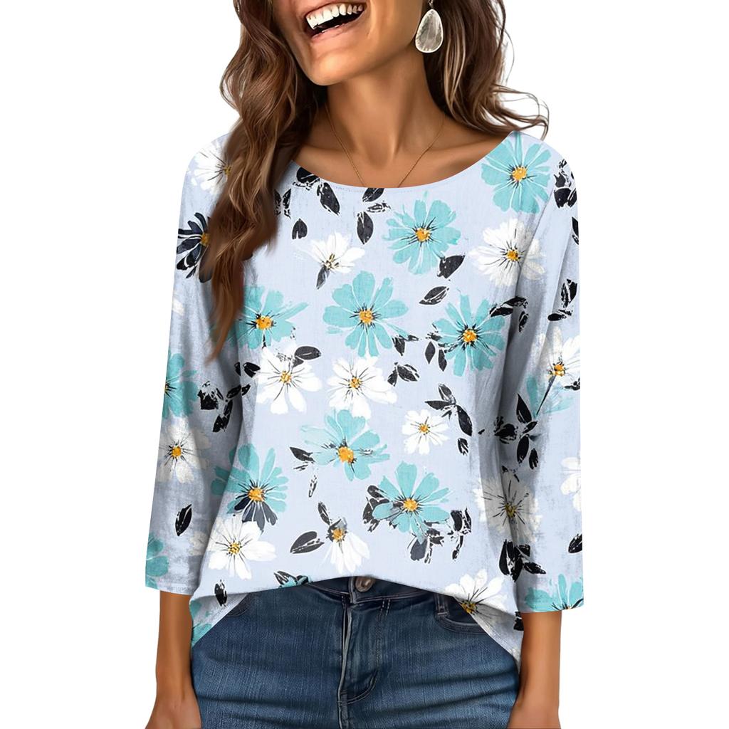 Women's Fashionable Casual Round Neck  3/4 Sleeve  Printed T-Shirt Top