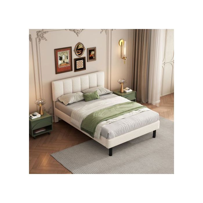 Lit - MUVOE - 140x190 - Tissu sherpa beige - Pieds en fer - Design simple