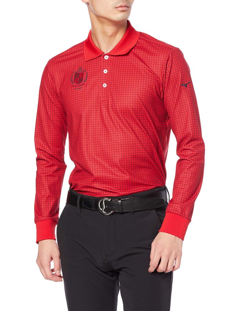Mizuno Golf Polo Long Pique Houndstooth Size L Men's Shirt, Sleeve, Stretch, Print, Red, (52MA0530)